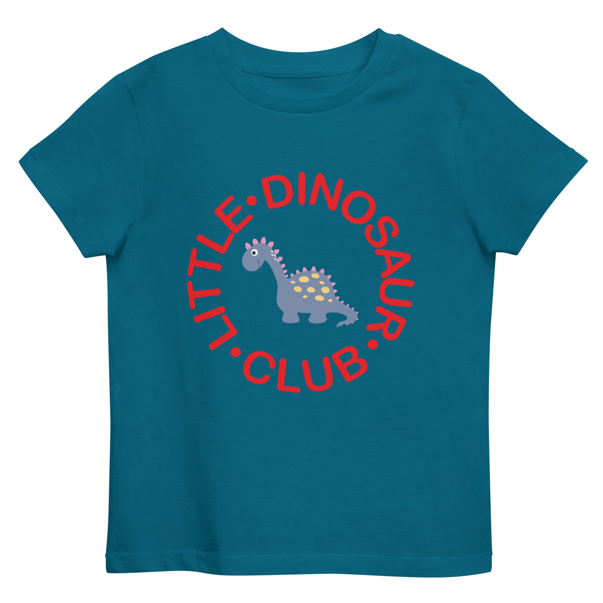 blue organic cotton kids t-shirt with print of Ginger the dinosaur in the Little Dinosaur Club logo