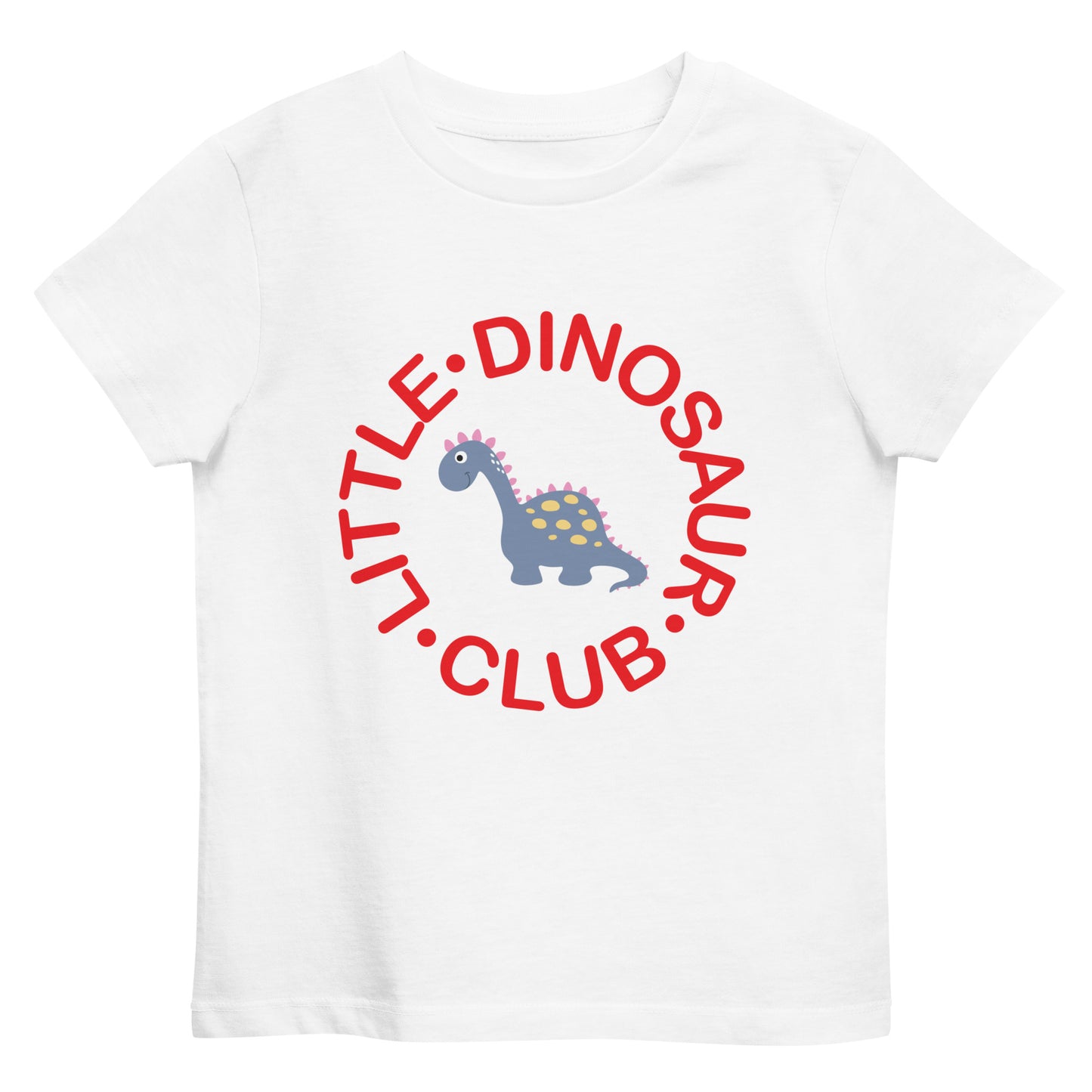 white organic cotton kids t-shirt with print of Ginger the dinosaur in the Little Dinosaur Club logo